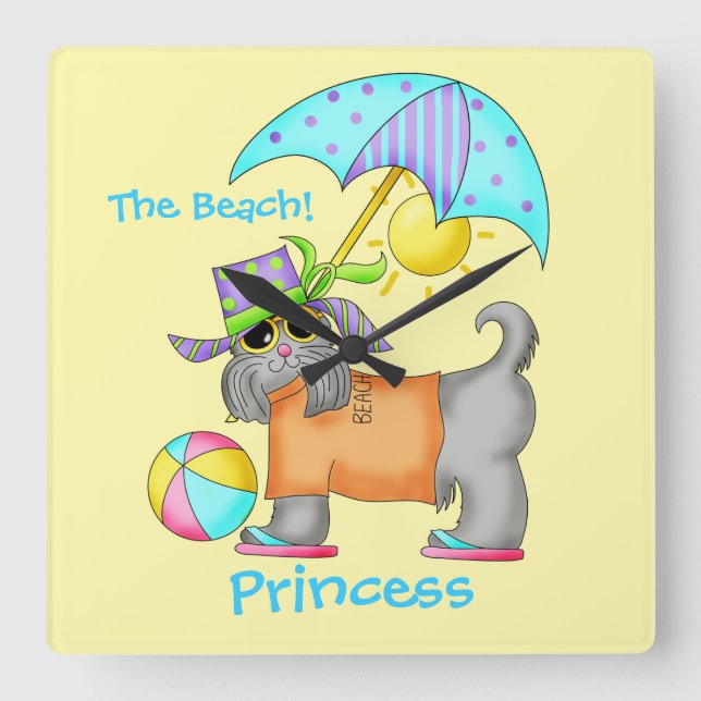 Dressed Beach Dog Personalised Yellow Square Wall Clock (Front)