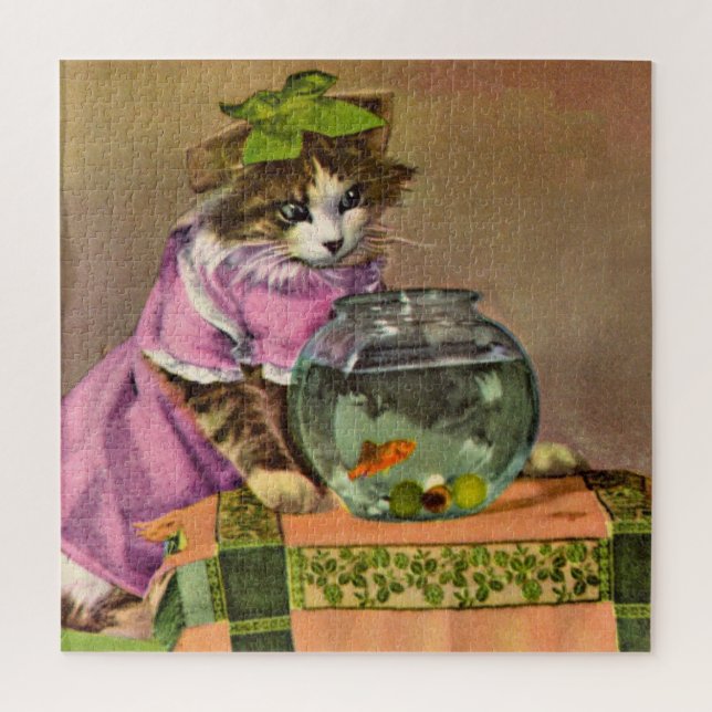dressed cat and fish bowl jigsaw puzzle (Vertical)