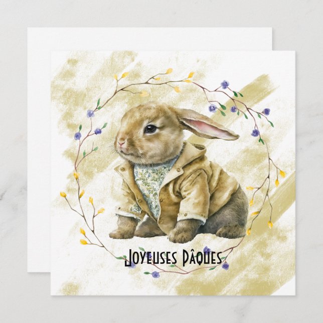 Dressed Easter Rabbit In Wreath of Flowers Holiday Card (Front/Back)