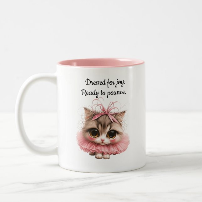 Dressed for joy, ready to pounce. – Kitten Mug (Left)