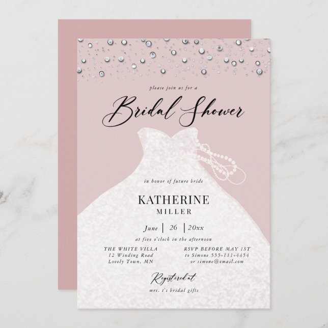Dressed in Pearls Elegant Dress Pink Bridal Shower Invitation (Front/Back)