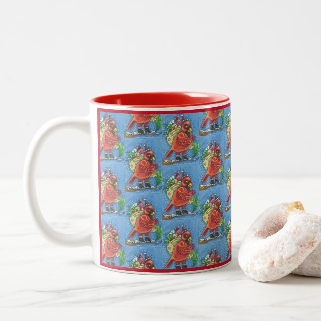 DRESSED IN RED SANTA, CHRISTMAS CARDINAL BIRD MUG (With Donut)