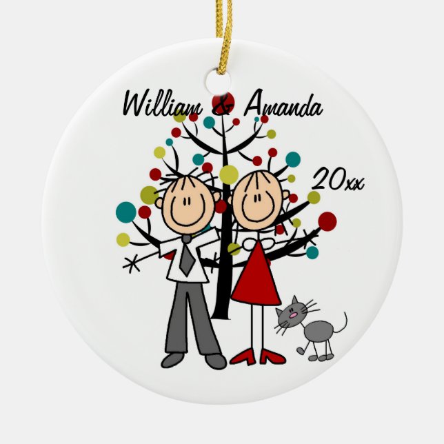 Dressed Up Couple and Cat Personalised Ornament (Front)