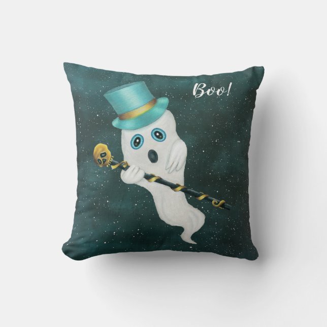 Dressed up Ghost in Night Sky Top Hat Skull Cane Cushion (Front)