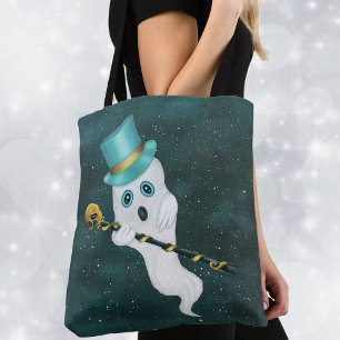 Dressed up Ghost Top Hat Gold Skull Cane Blue Sky Tote Bag