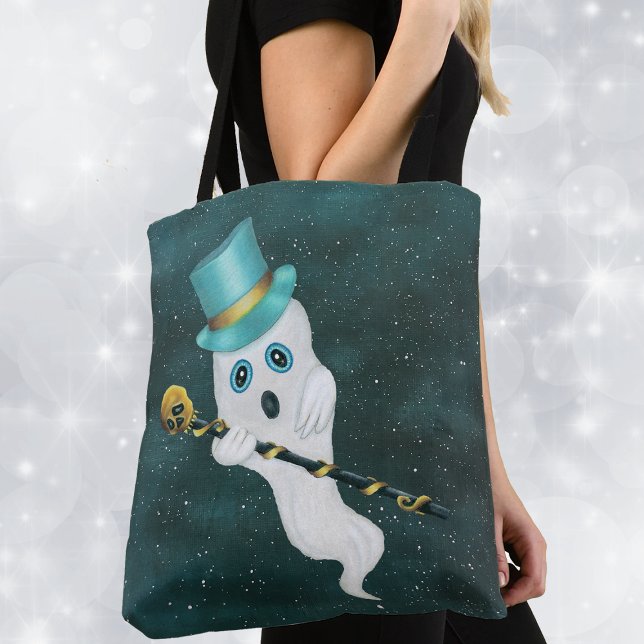 Dressed up Ghost Top Hat Gold Skull Cane Blue Sky Tote Bag (Cute Floating ghost in blue night sky with top hat skull cane on Halloween tote bag.)