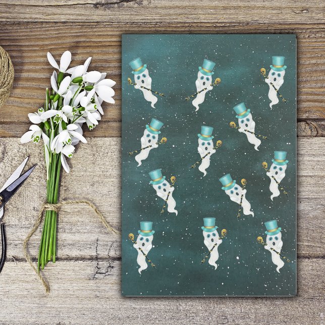 Dressed up Ghosts Floating in Night Sky Top Hats Tissue Paper (Halloween ghosts in blue top hats with fancy skull canes floating in blue night sky on tissue paper.)