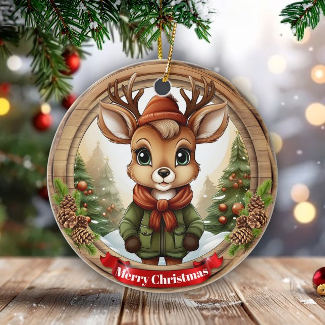 Dressed Whimsical Reindeer Fun Holiday Season 🦌🎄 Ceramic Ornament (Customizable Text Whimsical Reindeer Holiday Season Personalizable Rustic Xmas Pine Wood Decor 🦌🎄)