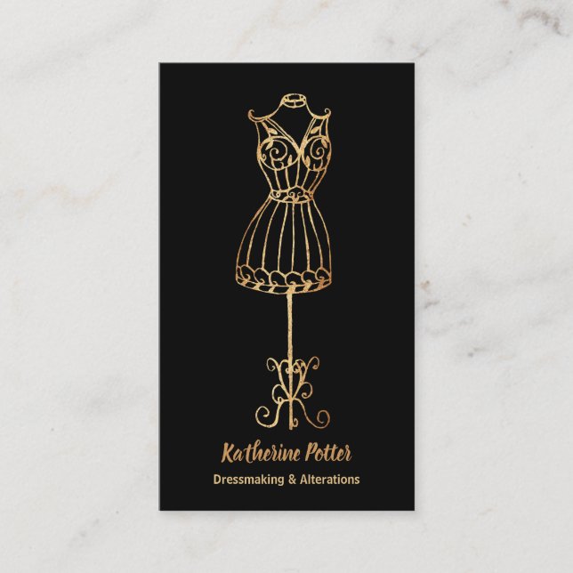 Dressmaker Seamstress Gold Glitter Mannequin Business Card (Front)