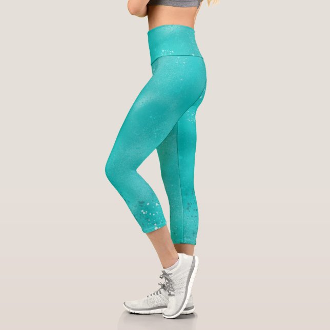 Dressy Turquoise Faux Glitter and Sparkle Capri Leggings (Left)
