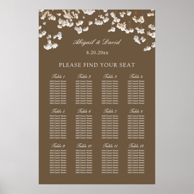 Dried Baby's Breath on Brown Wedding Seating Chart (Front)