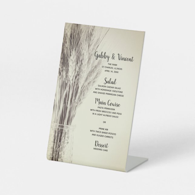 Dried Barley in Milk Bottle Farm Wedding Menu Pedestal Sign (Front)