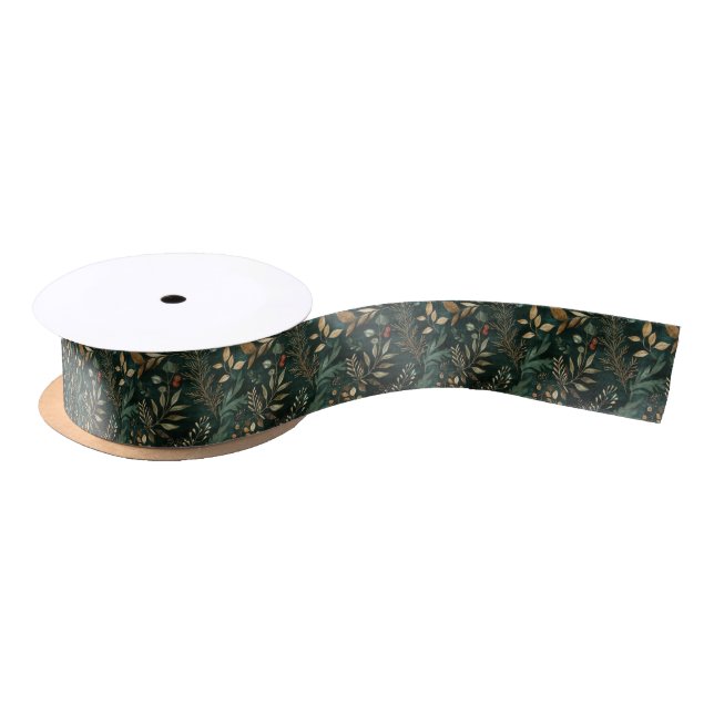 Dried Berries and Gold Coloured Leaves Satin Ribbon (Spool)