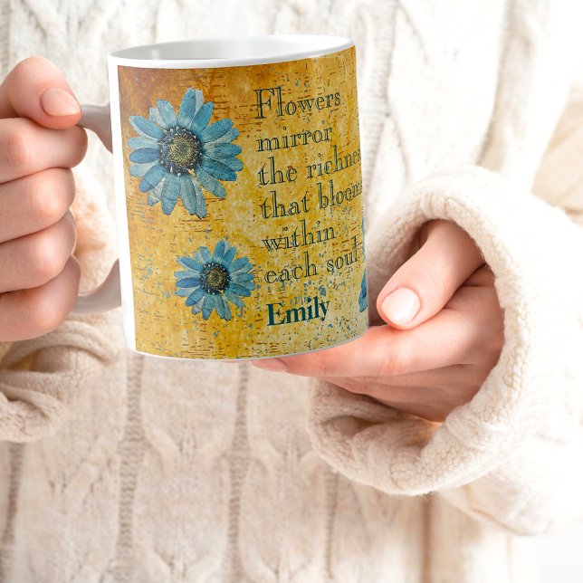Dried Blue Daisies on Ochre Surface Flowers Quotes Coffee Mug (Creator Uploaded)