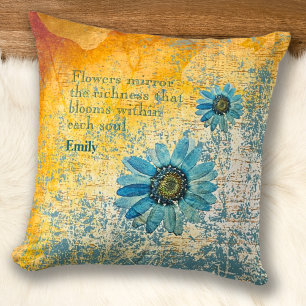 Dried Blue Daisies on Ochre Surface Flowers Quotes Cushion