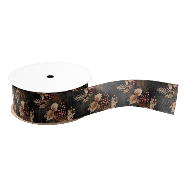 Dried Floral and Gold Coloured Leaves Grosgrain Ribbon (Spool)