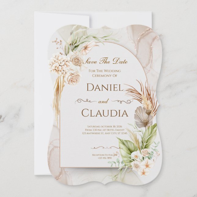 Dried Floral Arch Wedding Invitation with Grass (Front)