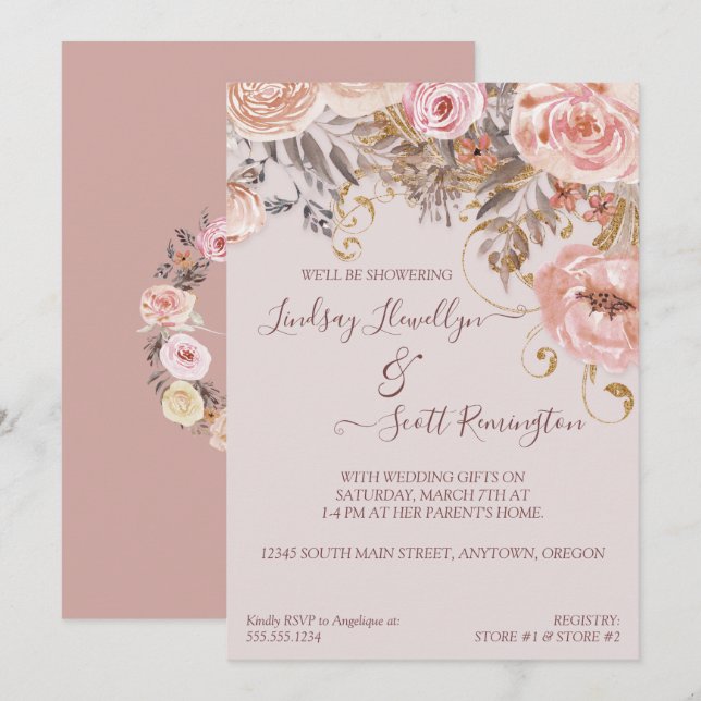 Dried Floral Boho Blush Rose Gold Bridal Shower Invitation (Front/Back)