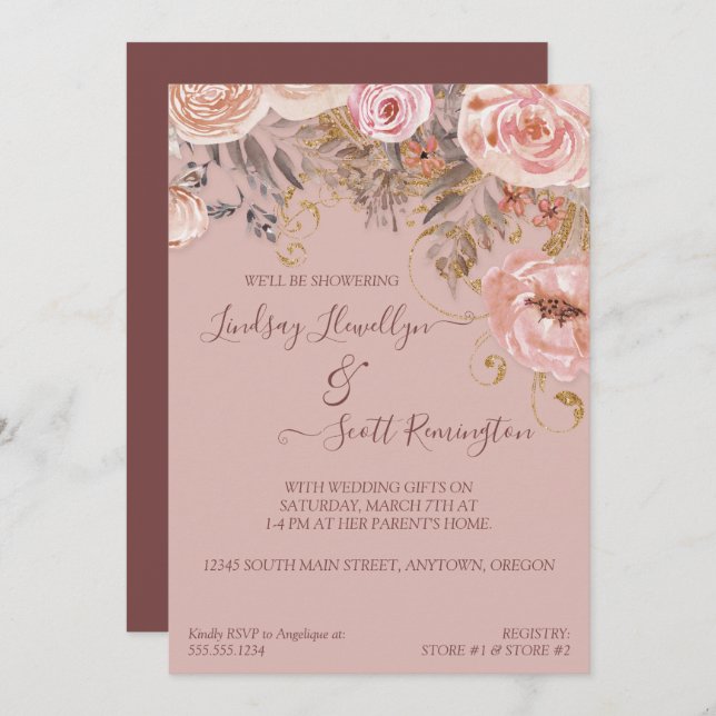 Dried Floral Boho Burgundy Rose Gold Bridal Shower Invitation (Front/Back)