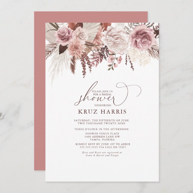 Dried Floral Rose Palm & Pampas Boho Bridal Shower Invitation (Front/Back)