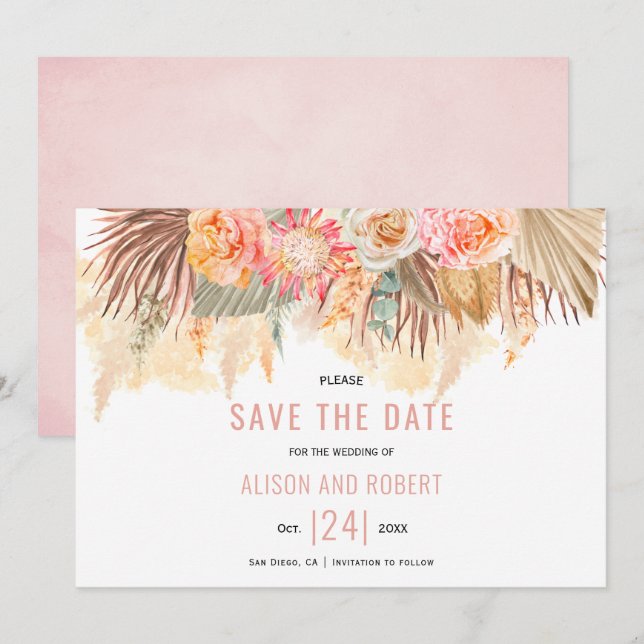 Dried flowers and pampas grass stained soft pink save the date (Front/Back)