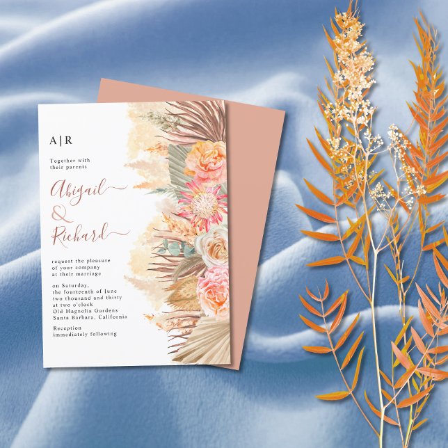 Dried flowers, pampas grass and palm leaf wedding  invitation (Creator Uploaded)