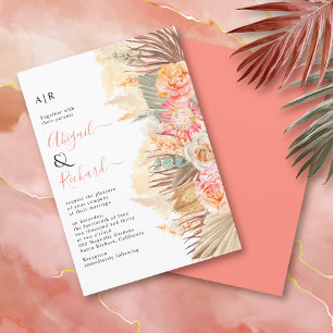 Dried flowers, pampas grass, palms coral wedding invitation