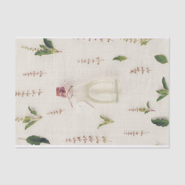 Dried herbs glass bottle burlap texture background tissue paper (Front)