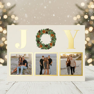 Dried Orange Joy Pine Wreath Multi Photo Gold Foil Holiday Card
