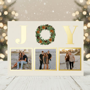 Dried Orange Joy Pine Wreath Three Photo Gold Foil Holiday Card