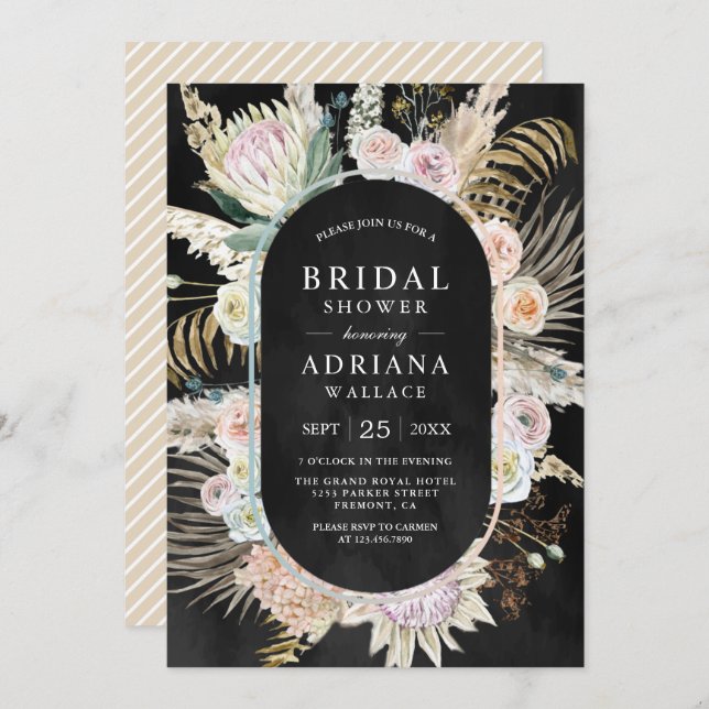 Dried Palm Boho Pampas Floral Black Bridal Shower Invitation (Front/Back)