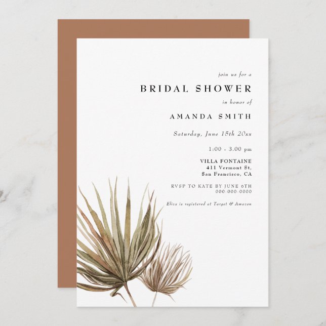 Dried Palm Leaf Desert Modern Boho Bridal Shower I Invitation (Front/Back)
