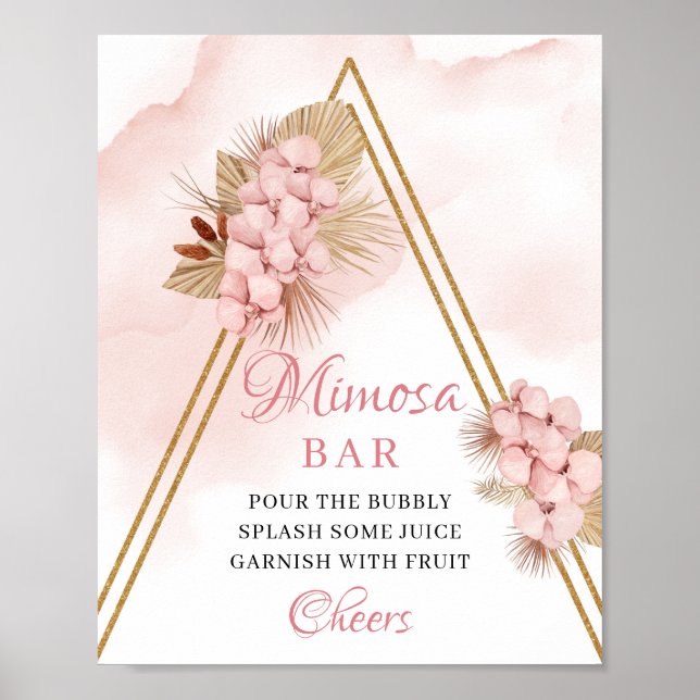 Dried Palm Leaves Blush Flowers Mimosa Bar Sign (Front)