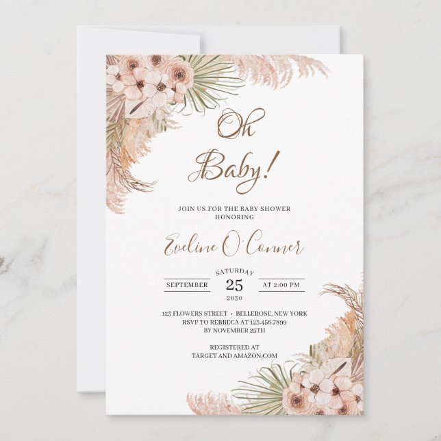 Dried Palm Leaves Pampas Dusty Pink Orchid Oh Baby Invitation (Front)