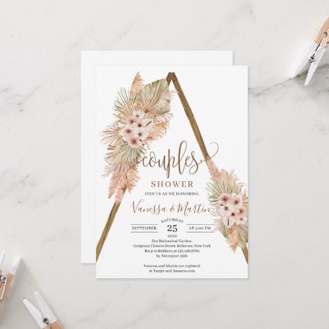 Dried Palm Leaves Pampas Grass Arch Couples Shower Invitation (Front/Back In Situ)