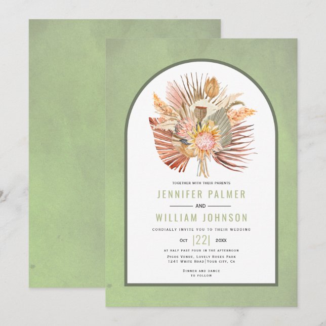 Dried palm leaves, pampas grass sage green wedding invitation (Front/Back)
