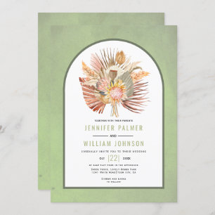 Dried palm leaves, pampas grass sage green wedding invitation