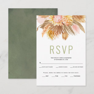 Dried palm leaves pampas grass sage green wedding RSVP card