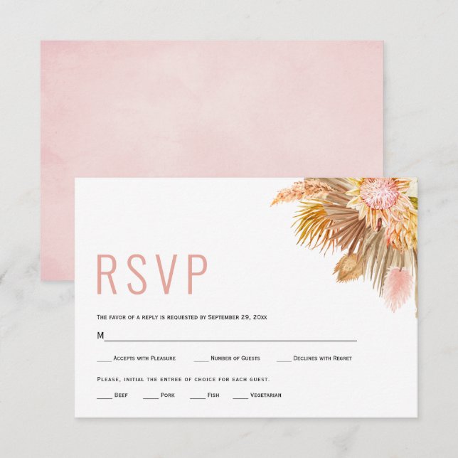 Dried palm leaves, pampas grass soft pink wedding RSVP card (Front/Back)