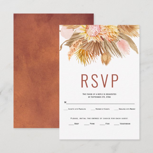 Dried palm leaves pampas grass terracotta wedding RSVP card (Front/Back)