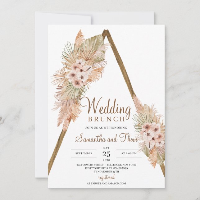 Dried Palm Leaves Wooden Arch Pampas Grass Brunch Invitation (Front)