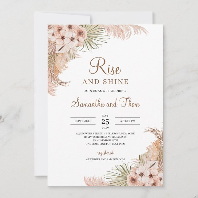 Dried Palm Pampas Grass Blush Roses Rise and Shine Invitation (Front)