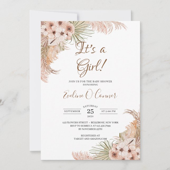 Dried Palm Pampas Grass Dusty Pink It's a Girl  Invitation (Front)