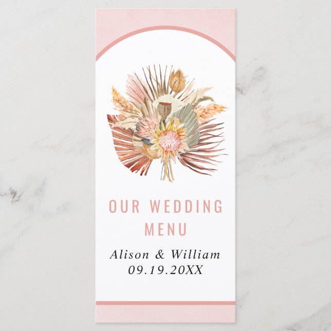 Dried palm pampas grass soft pink wedding menu (Front)
