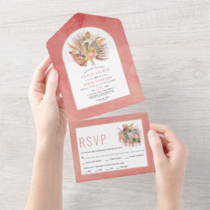 Dried palms and pampas grass pink wedding   all in one invitation