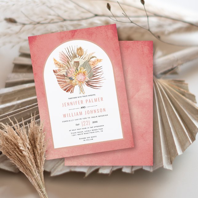 Dried palms and pampas grass pink wedding invitation (Creator Uploaded)