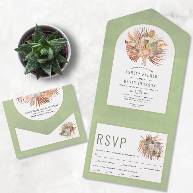 Dried palms and pampas grass sage green wedding all in one invitation (Creator Uploaded)
