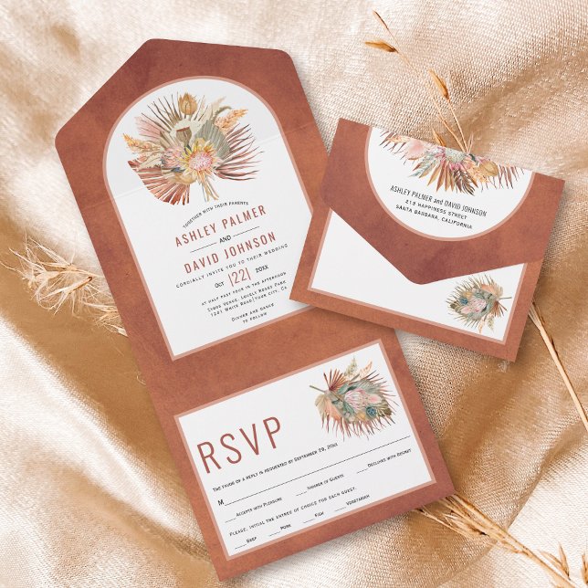 Dried palms and pampas grass terracotta wedding al all in one invitation (Creator Uploaded)