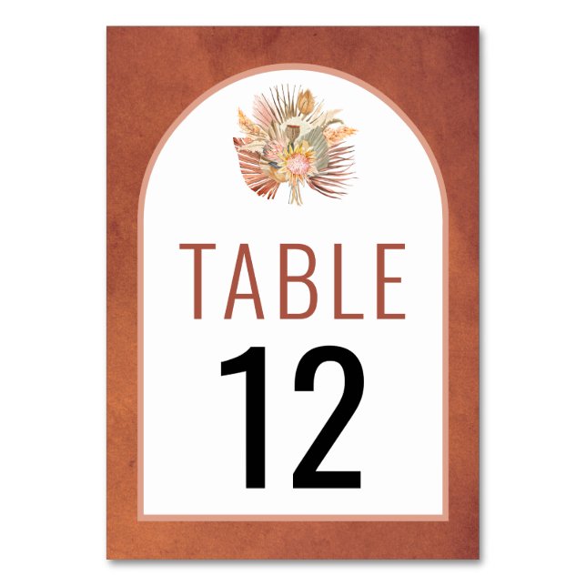 Dried palms and pampas grass terracotta wedding table number (Back)