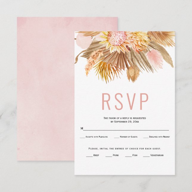 Dried palms, pampas grass soft pink wedding RSVP Card (Front/Back)